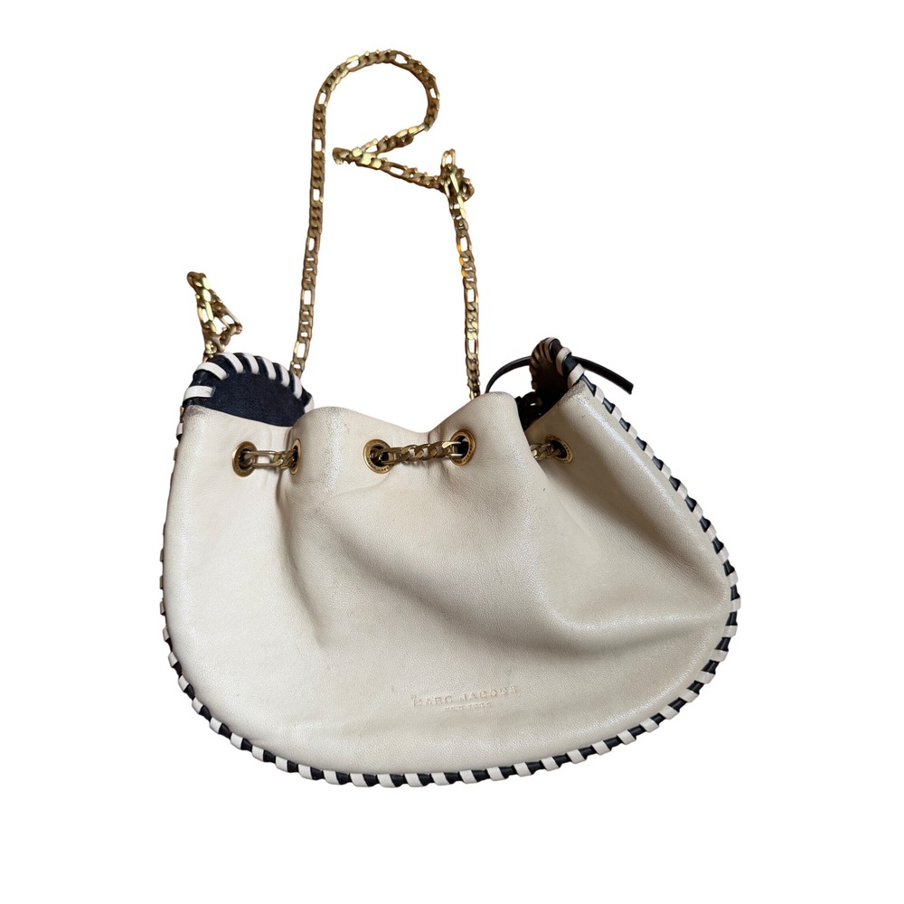 Marc Jacobs Sway Party Cream Lamb Leather Whipstitch Bucket Bag Gold Chain Strap